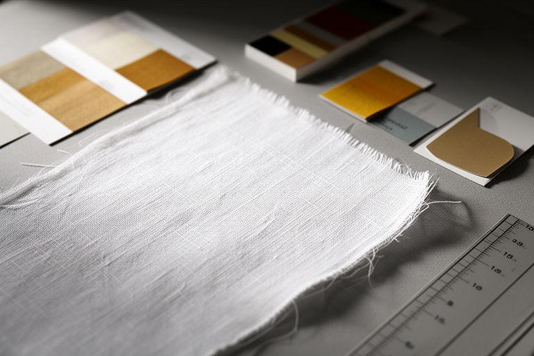 Leinenmuster mit sichtbaren Flachfasern neben kleinen Farbproben und einer Massschablone in einem Werkraum