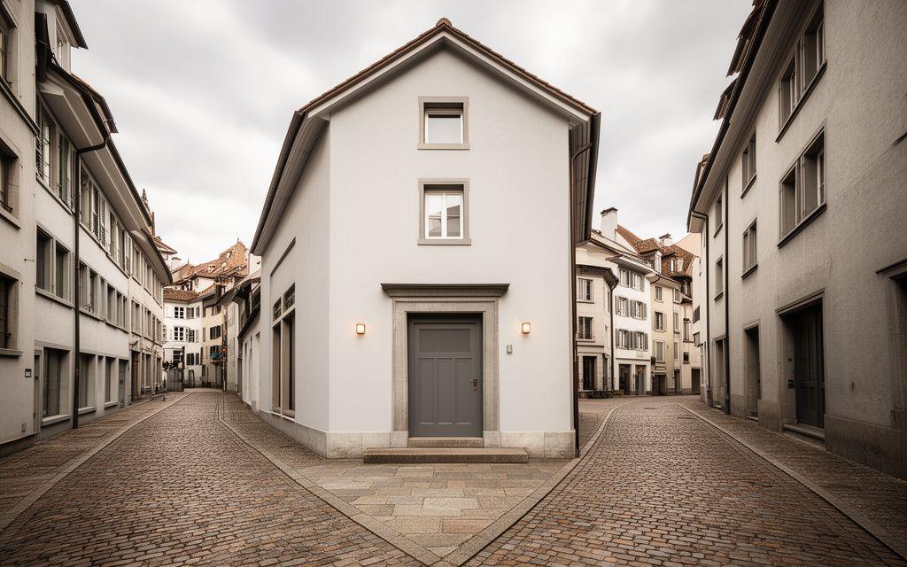 Aussenansicht eines Zürcher Altstadt-Ateliers mit schlichtem Eingang und Pflastersteinen