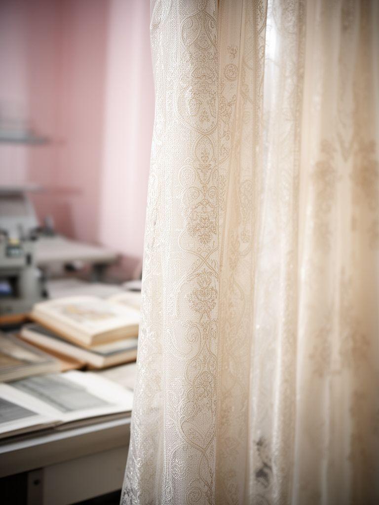 Feiner Brautstoff mit historischen Ornamenten hängt in einer hellen Schneiderei neben alten Musterbüchern