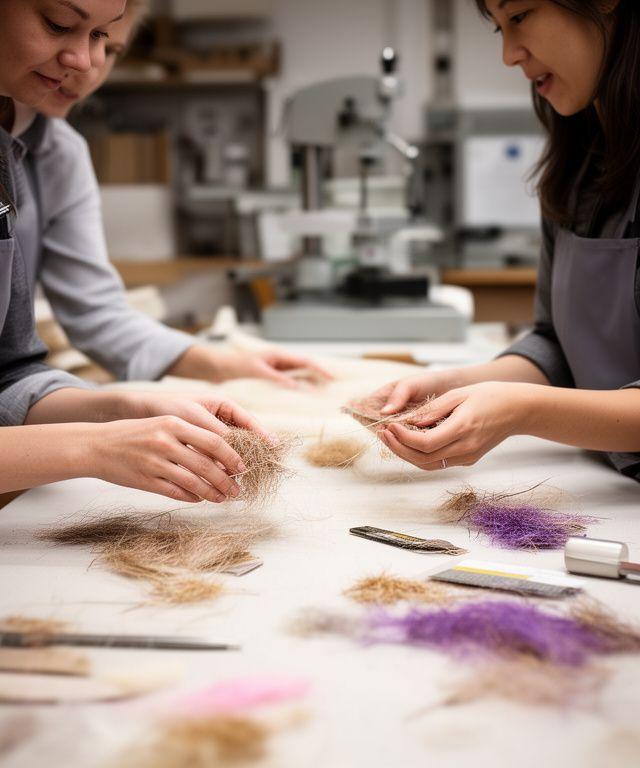Drei Teammitglieder prüfen feine Naturfasern an einem langen Arbeitstisch mit Werkzeugen und Stoffproben