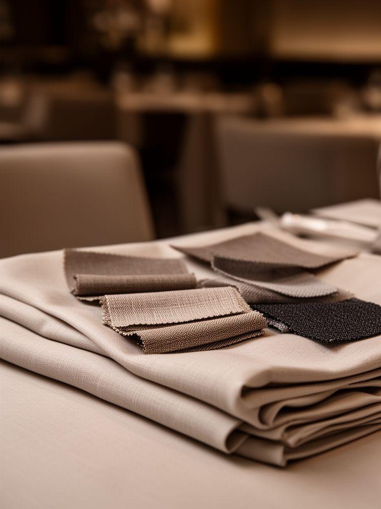 Gefaltete Tischwäsche und Stoffmuster in gedeckten Tönen für ein Restaurant mit elegant gedecktem Tisch
